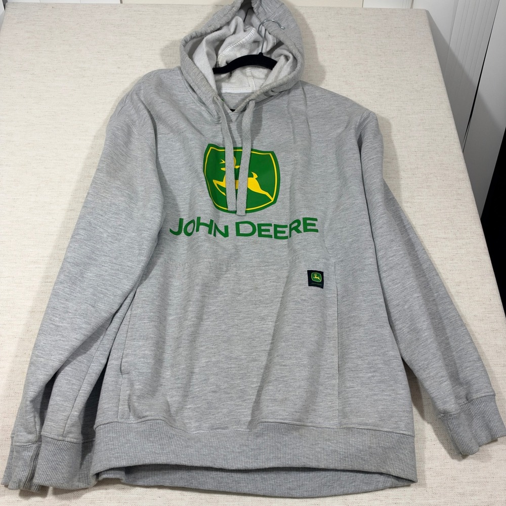 John Deere Hoodie Men 2XL Gray Logo Graphic Pullover Sweatshirt Fleece RN 87986